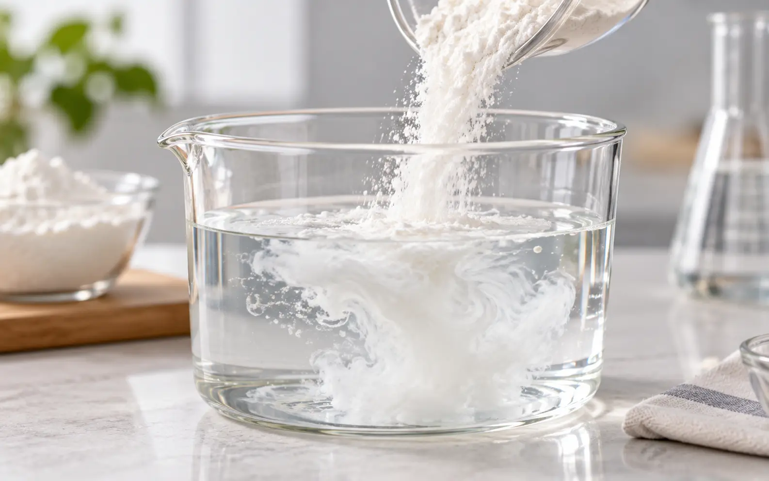 Clean Label Starch powder being mixed into water for hydration preparation