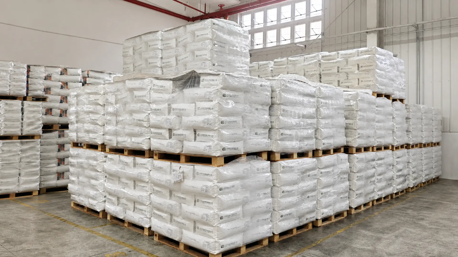 Palletized modified starch bags arranged in warehouse storage