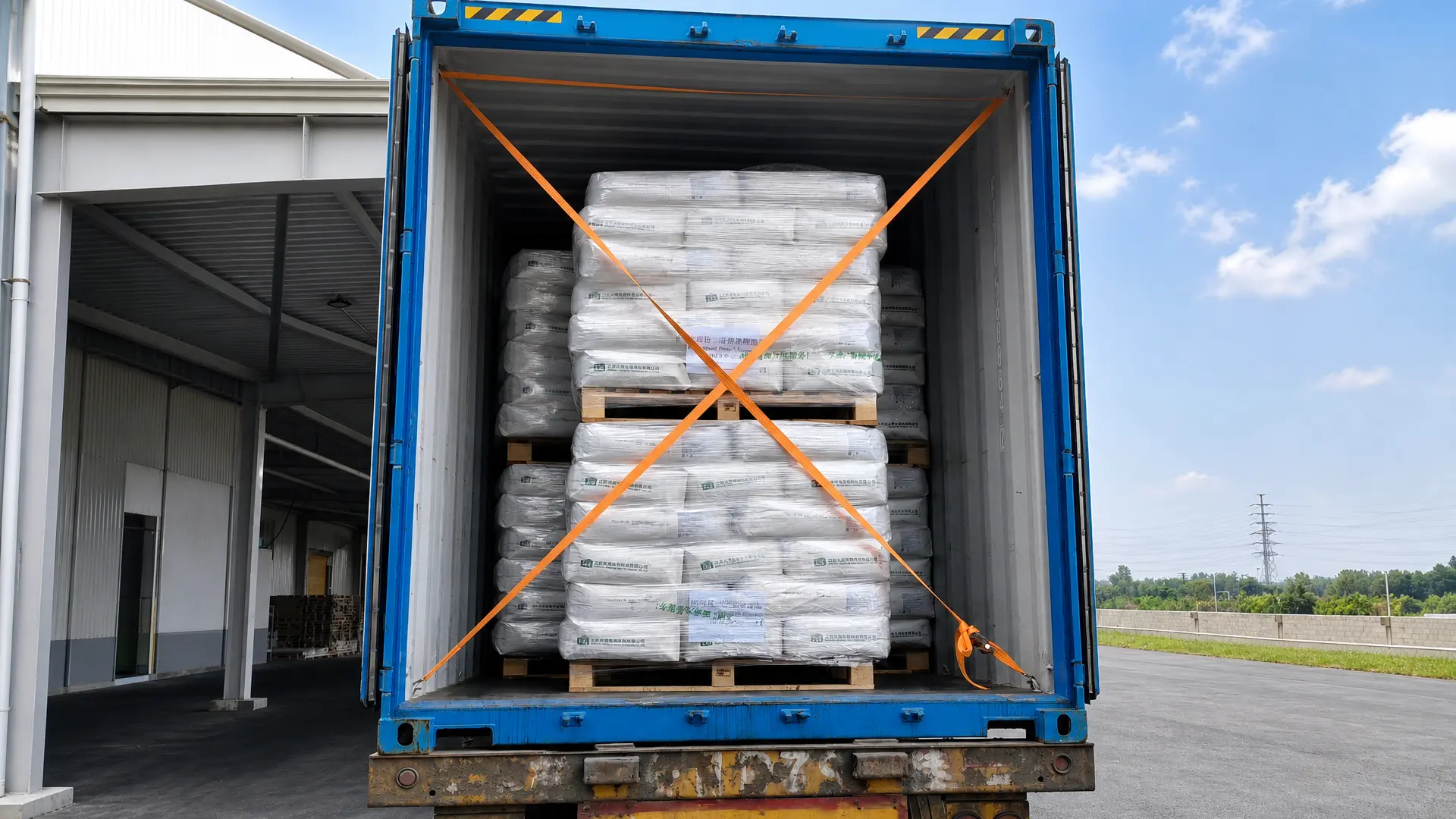 Palletized modified starch cargo secured for container loading