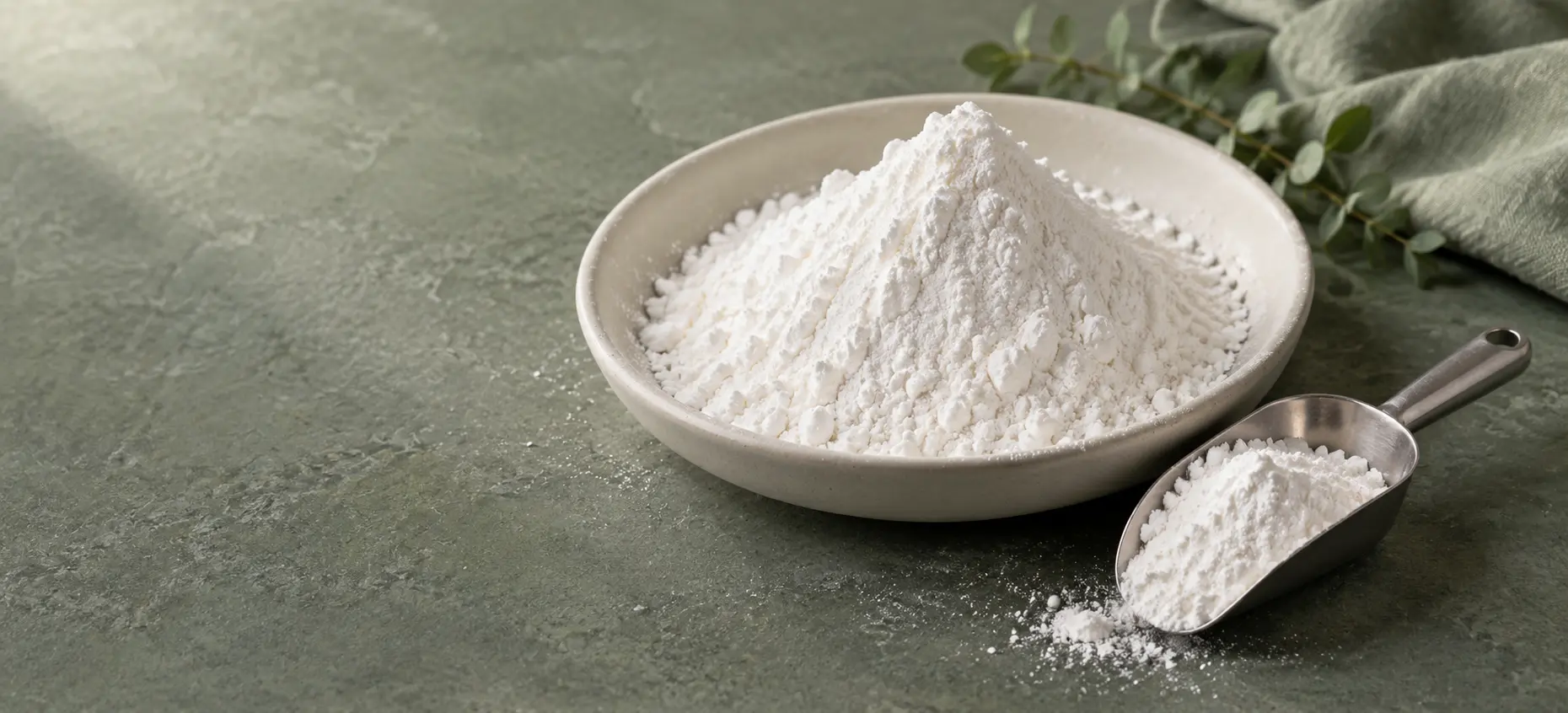 Modified starch powder in ceramic bowl with metal scoop